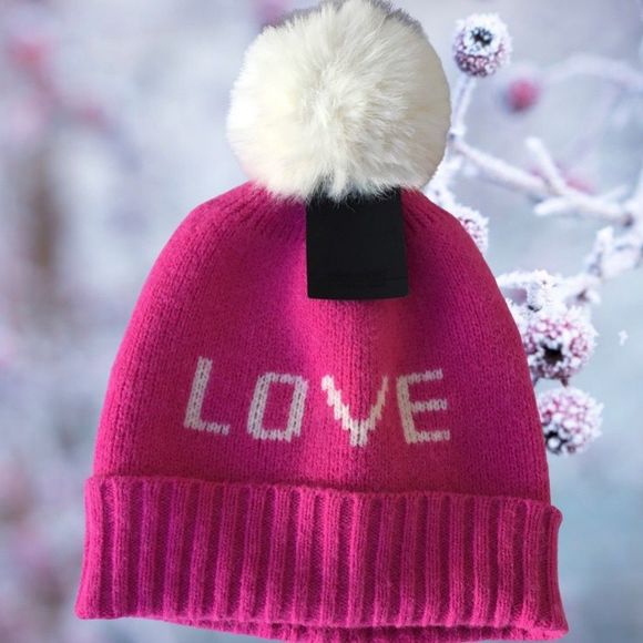 Doeverything Inlove Pink W/White Faux Fur Pom-Pom Cozy Fall-Winter BennieHat NEW - Picture 2 of 6